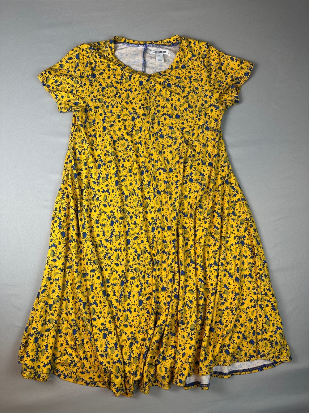 Nordstrom Girls Yellow Dress Blue Floral Print Casual Fit Flare A Line